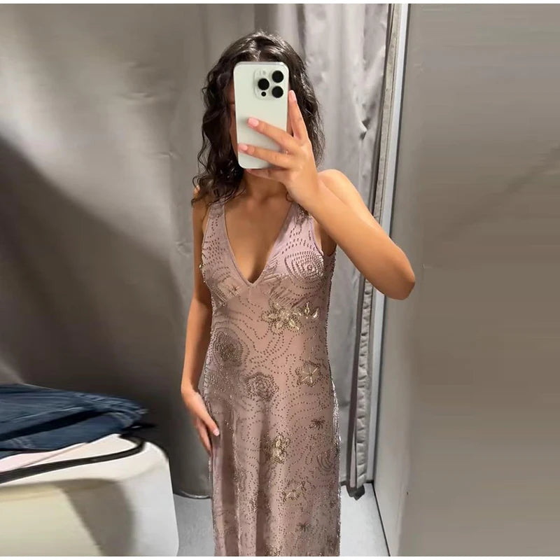 Sexy Beading Sequined Sling Long Dress Women Loose Solid V-neck Sleeveless Ruffled Shiny Dresses 2025 Summer Lady Evening Robes