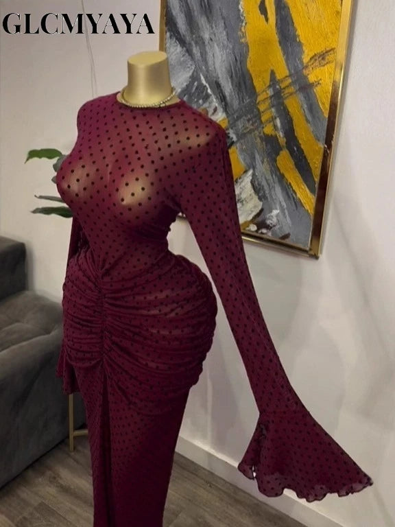 CM.YAYA Women Flare Long Sleeve Stacked Dot Mesh See Though with Lining Maxi Long Dress 2025 Evening Birthday Sexy Party Dresses