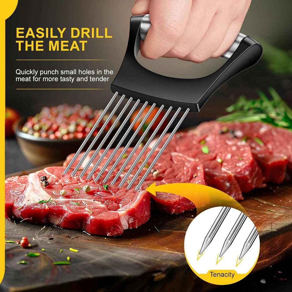 1pc Stainless Steel Onion Slicer Holder Tomato Slicer Holder Multipurpose Meat Tenderizers Kitchen Gadgets Assistant Slicer Tool