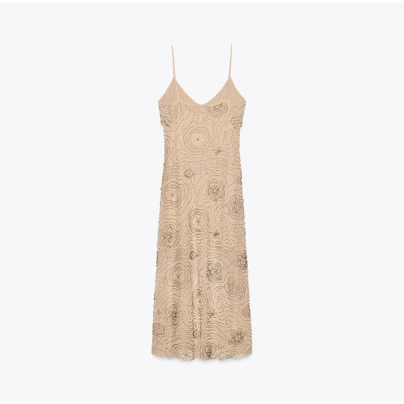Sexy Beading Sequined Sling Long Dress Women Loose Solid V-neck Sleeveless Ruffled Shiny Dresses 2025 Summer Lady Evening Robes