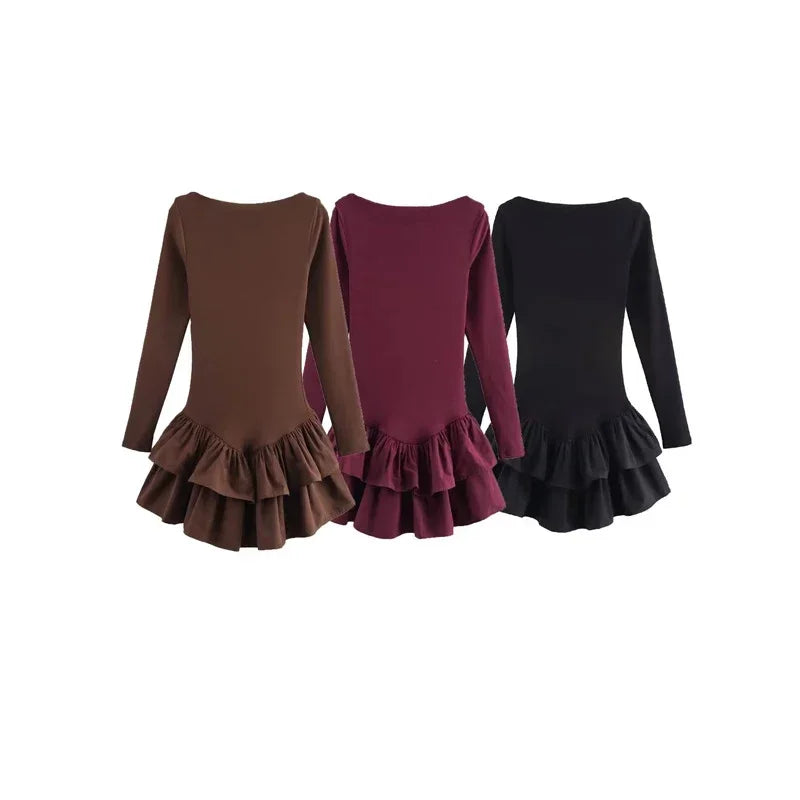 Ruffled Hem Solid Women Dresses Elegant Long Sleeve High Waist O-neck Lady Mini Dress 2025 Spring Chic Street Party Female Robes