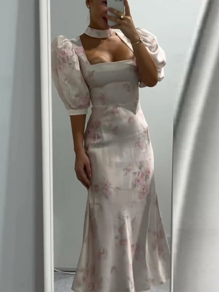 Women Dress Floral Print Satin Choker Neck Puff Sleeve Peplum Waist Maxi Dresses Elegant Vintage Beach Party Bodycon For Ladies