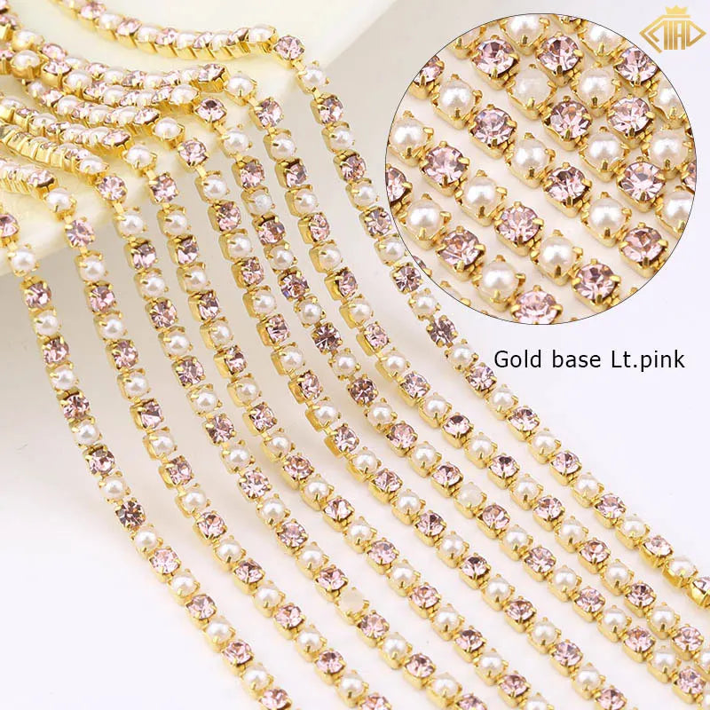2Yards Pearl Rhinestones Copper Chain Silver/Gold Base Crystal Strass Gems Trim For DIY Sewing Clothes Dresses Accessories
