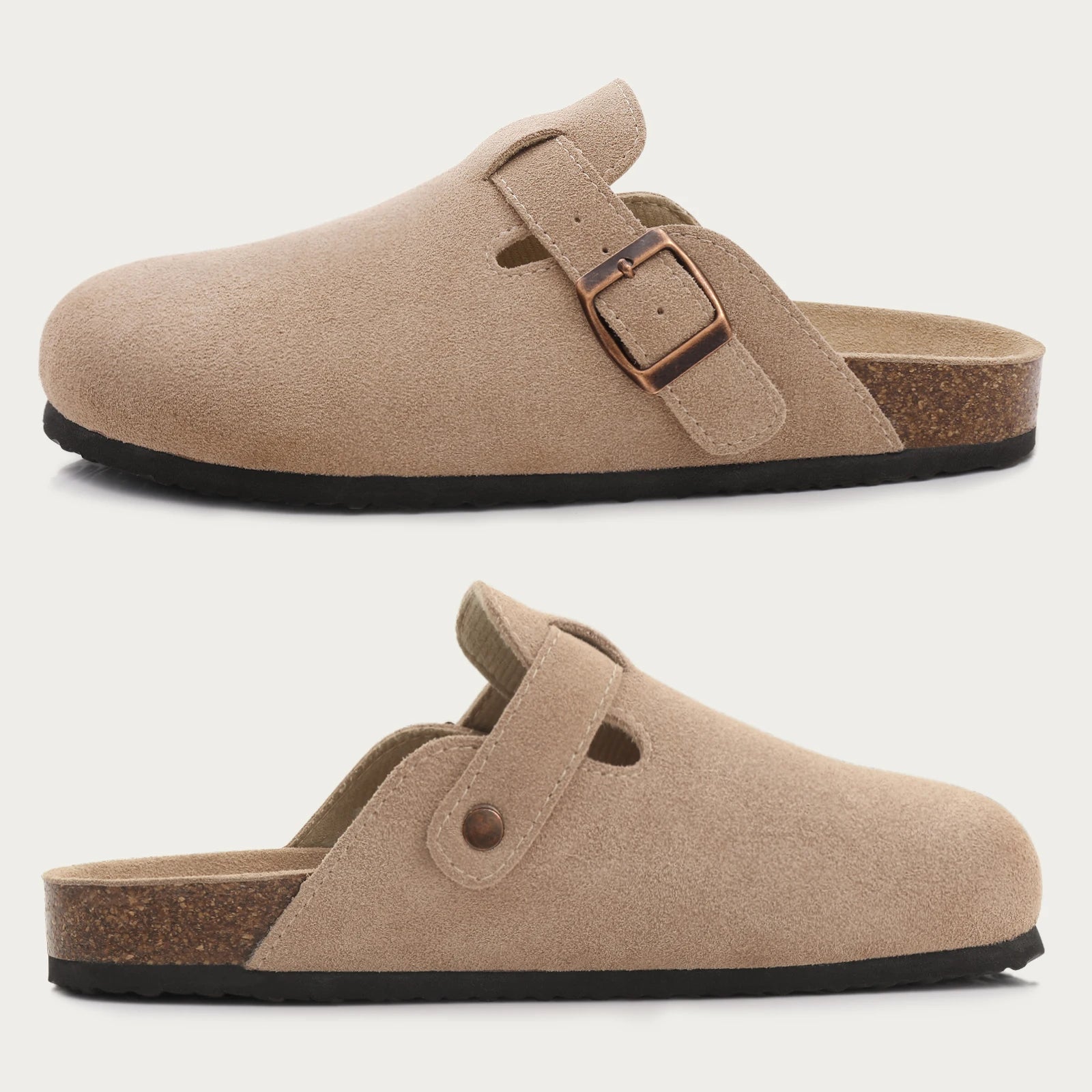 Comwarm Buckle Clogs For Women Men New Genuine Suede Clogs with Arch Support Soft Cork Footbed Mules Fashion Thick Beach Sandals
