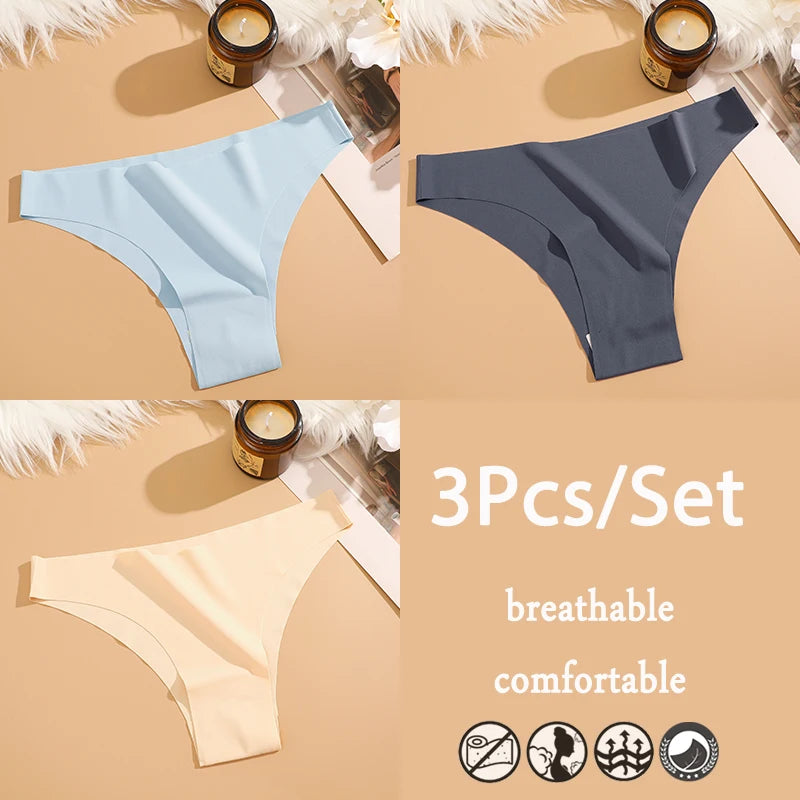 3Pcs/Set Ice Silk Seamless Underwear For Women Low Waisted Brazilian Pants Breathable High Elasticity Lingerie Intimates Panties