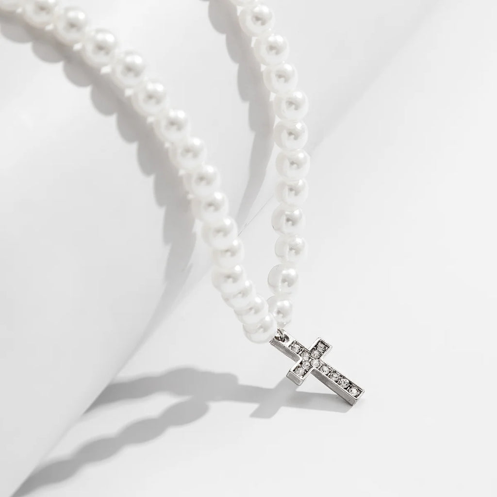 Pearl Beads Chain with Shiny Rhinestone Cross Pendants Necklace Men Trendy White Beaded Choker on Neck 2022 Fashion Jewelry Male