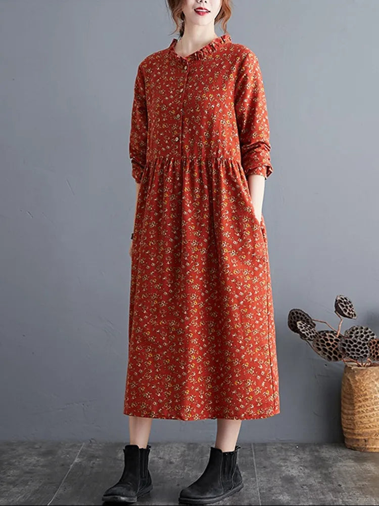 long sleeve cotton linen ruffle vintage floral new in dresses for women casual loose spring autumn dress elegant clothing 2026
