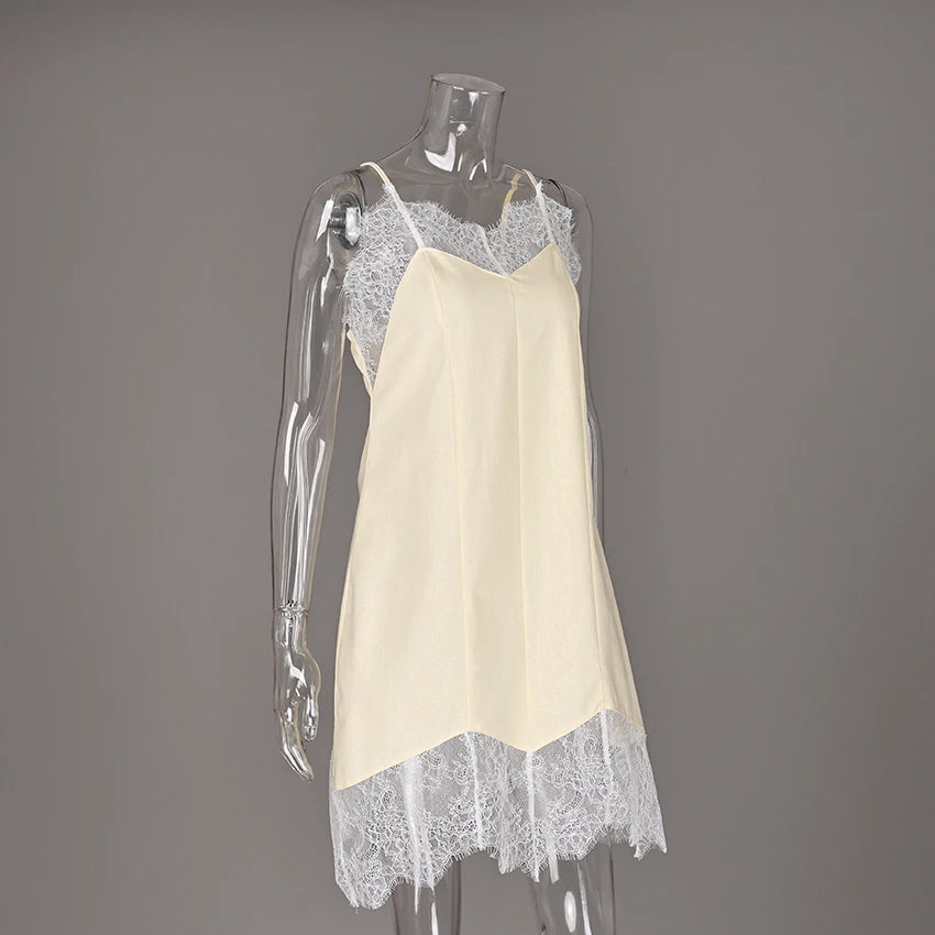 Linad Sexy Lace Spaghetti Strap Short Dress Summer Street Chic Cotton Straight Dresses Women Casual Sleeveless Dress Female 2025