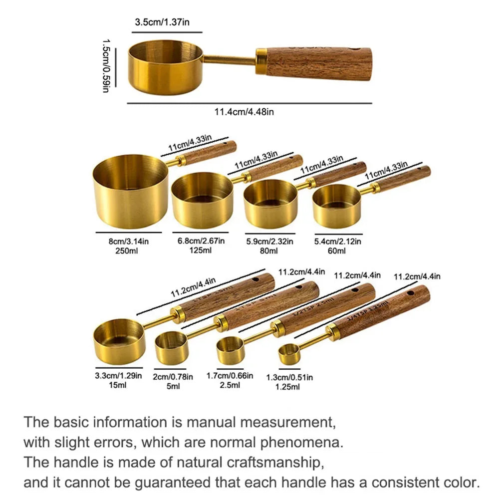 1/4/8pcs Stainless Steel Measuring Spoons With Scale Wooden Handle Household Kitchen Dining Bar Baking Tools Measuring Cups