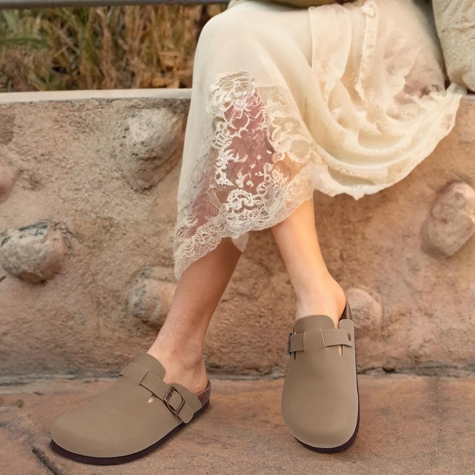 Comwarm Buckle Clogs For Women Men New Genuine Suede Clogs with Arch Support Soft Cork Footbed Mules Fashion Thick Beach Sandals
