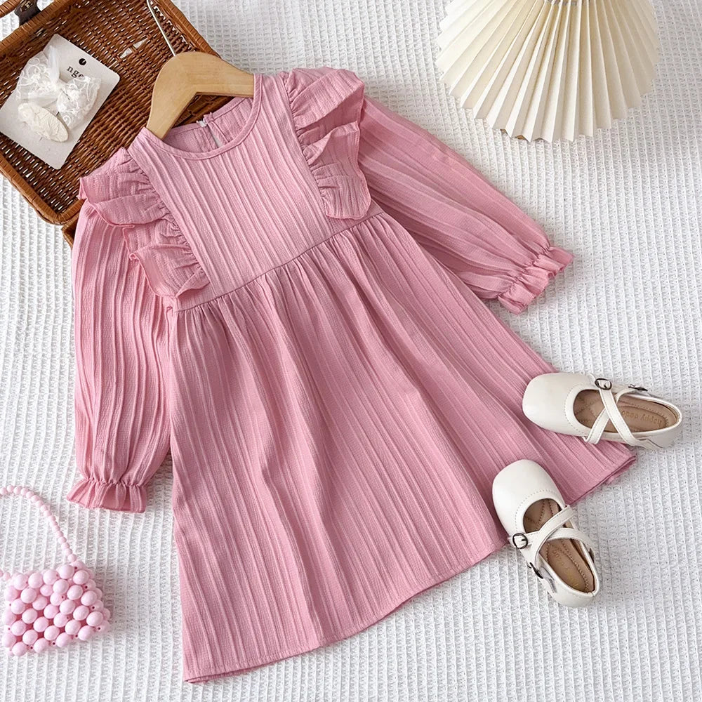 Autumn Kids Dresses for Girls Round Neck Long Sleeved Pleated Edge Solid Color Dress Kids Clothes Children's Daily Casual Wear