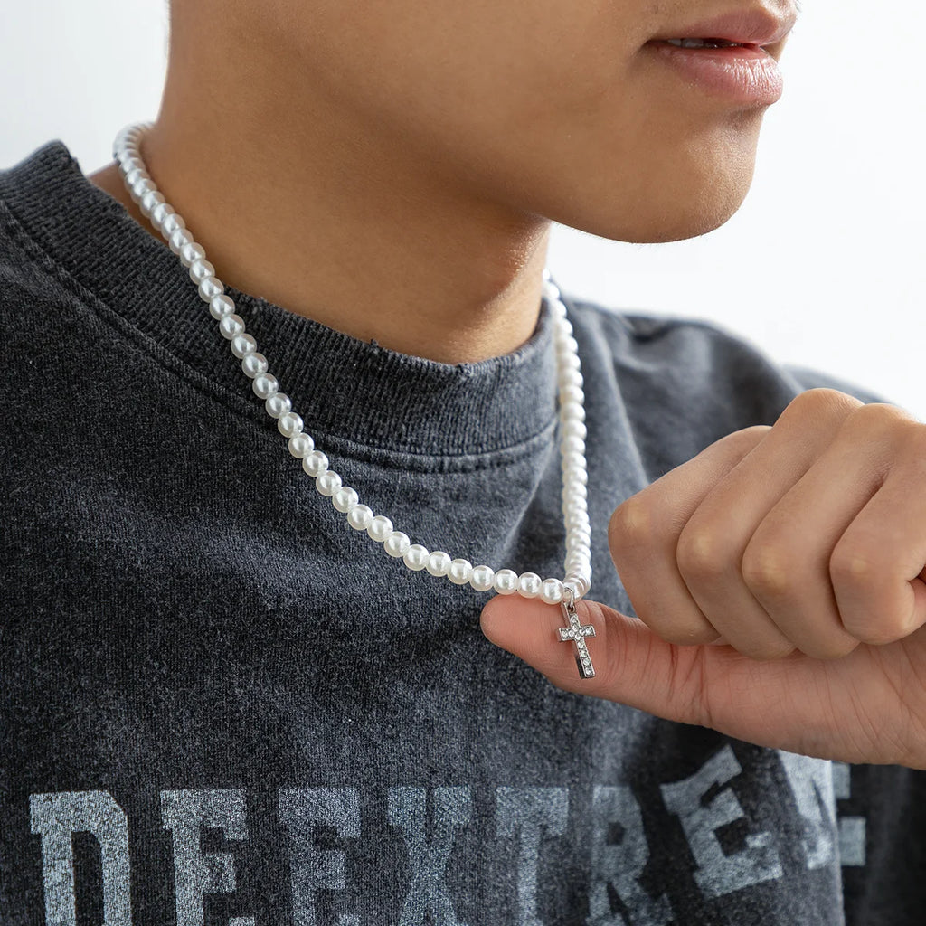 Pearl Beads Chain with Shiny Rhinestone Cross Pendants Necklace Men Trendy White Beaded Choker on Neck 2022 Fashion Jewelry Male