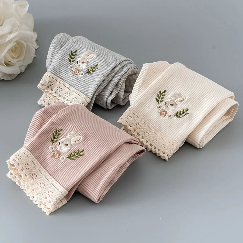 Kids Girls Spring Fall Bottom Legging Solid Elastic Waist Soft Rabbit Embroidery Pattern Pants 2-6Y Children Bottom Trouser