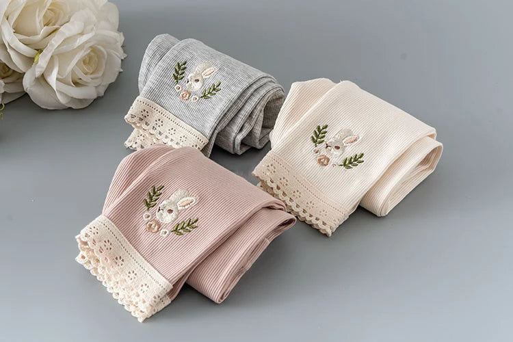 Kids Girls Spring Fall Bottom Legging Solid Elastic Waist Soft Rabbit Embroidery Pattern Pants 2-6Y Children Bottom Trouser