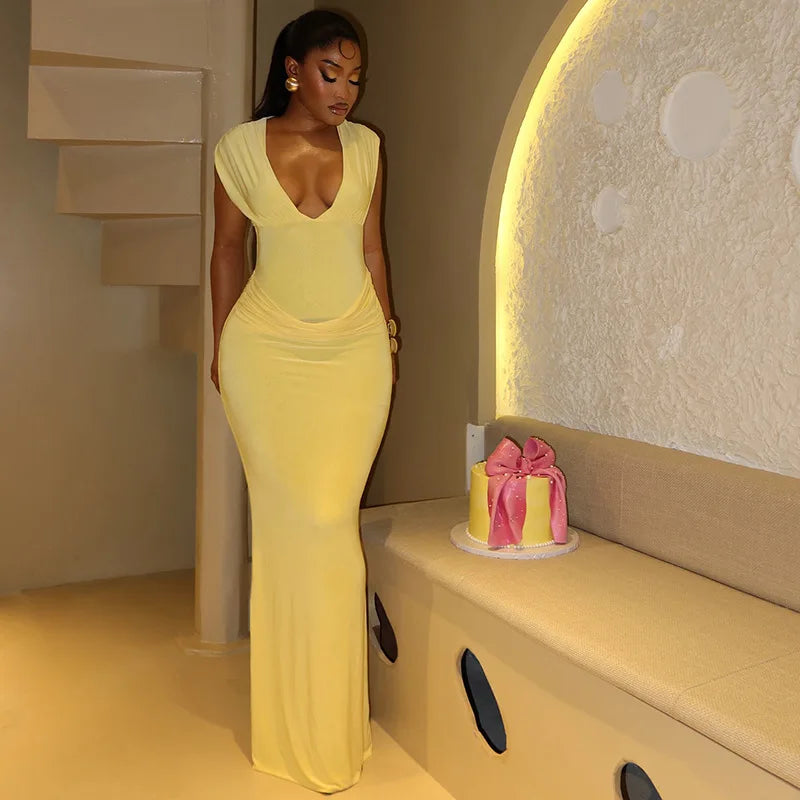 CHNMR Sexy Ruched Bodycon Maxi Dress Women Solid Sleeveless V-Neck Slim Long Dresses Female Party Evening Clubwaer Evening 2026