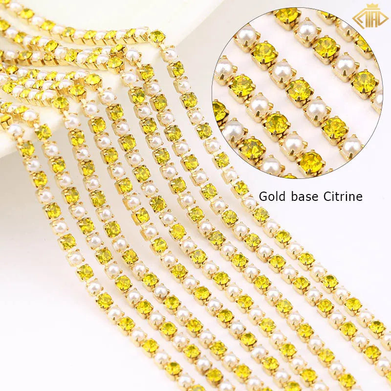 2Yards Pearl Rhinestones Copper Chain Silver/Gold Base Crystal Strass Gems Trim For DIY Sewing Clothes Dresses Accessories