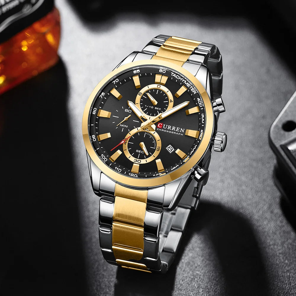 CURREN Casual Sporty Brand Stainless Steel Band Wristwatches for Men  Chronograph Quartz Watches with Date New 8445