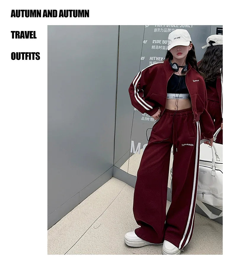 2026 autumn girls Clothes Children Suit Teenager zipped jacket Narrow crop top + wide leg high waist pants 4 5 8 10 11 12 year