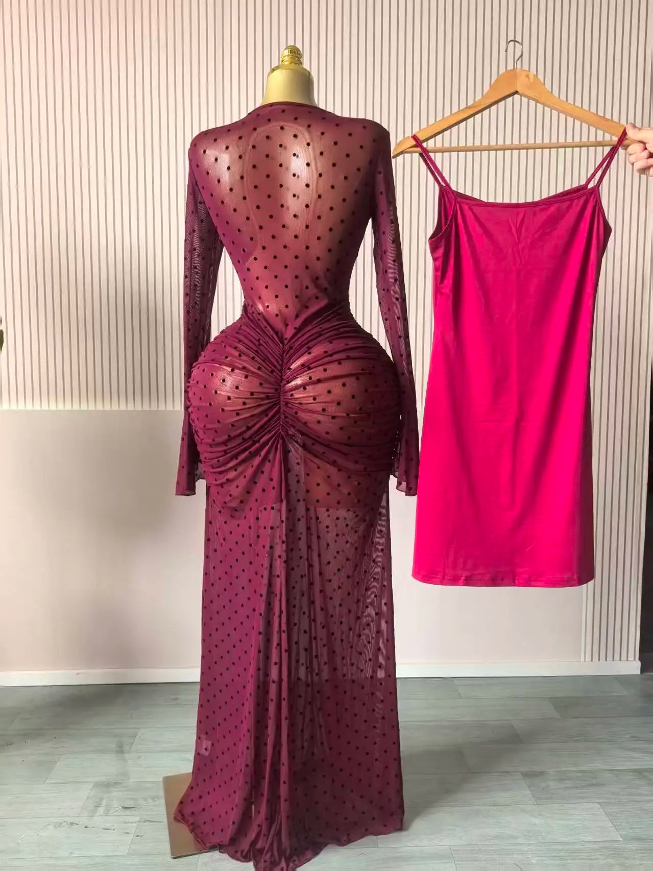CM.YAYA Women Flare Long Sleeve Stacked Dot Mesh See Though with Lining Maxi Long Dress 2025 Evening Birthday Sexy Party Dresses