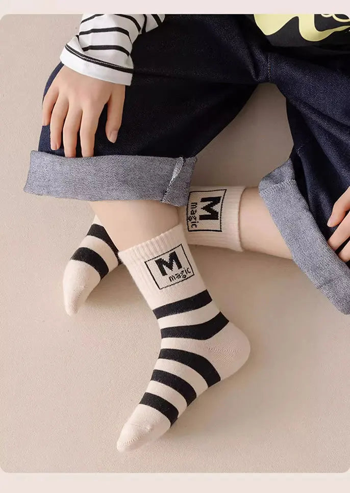5 pairs Spring Socks Kids Cotton Socks Mid Calf Socks Striped Letter Pattern Children Sporty Socks Boys Socks