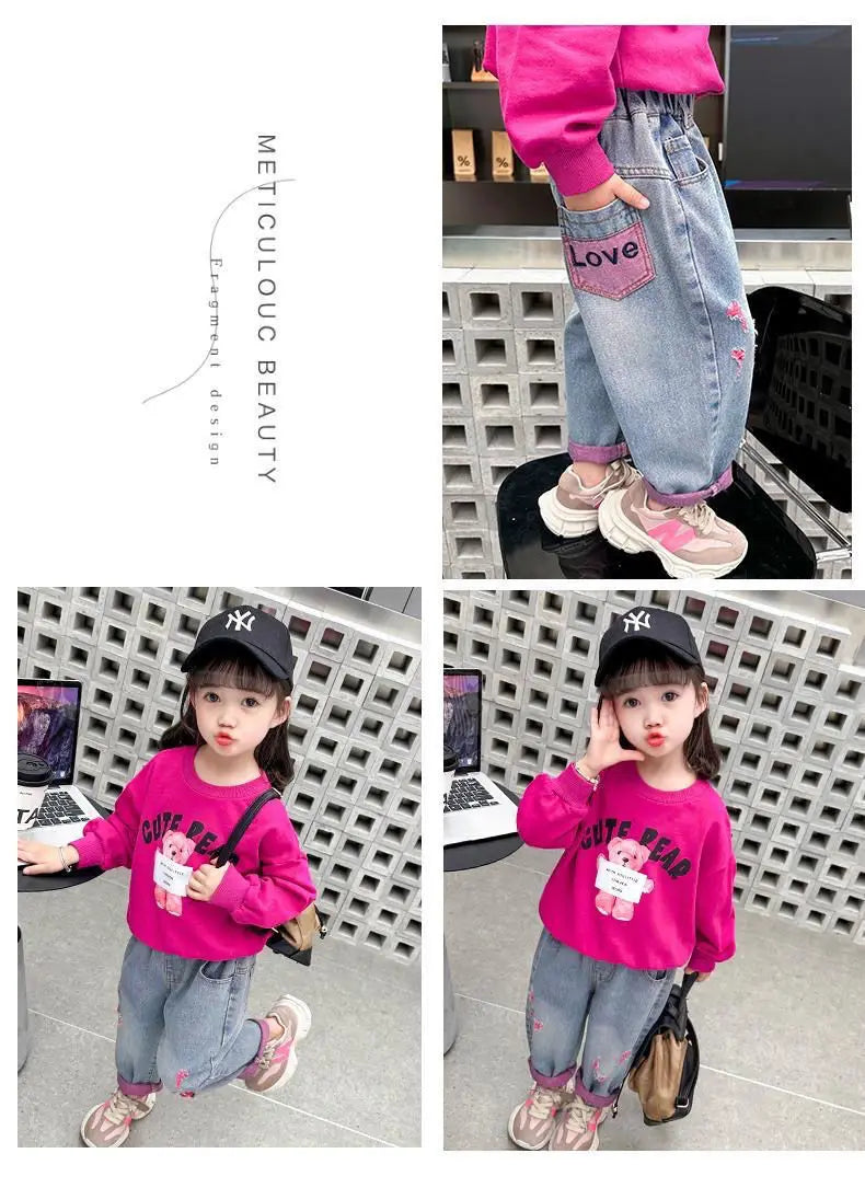 Girls Ripped Jeans Spring Autumn New Children Aging Denim Pants Fashion 2-10Y Kid's Straight Pants Cute Letter Trouser