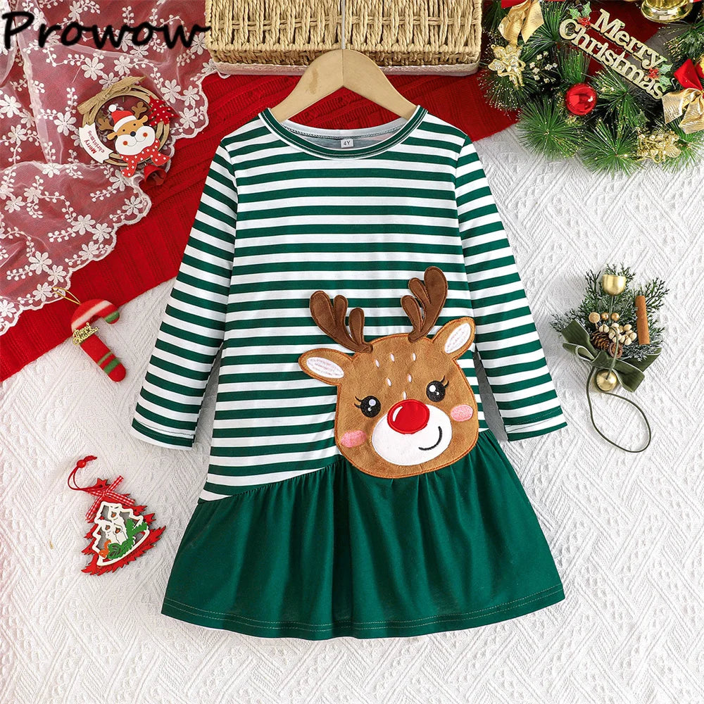 4-7Y Kids Christmas Dresses For Girls Bow Green Xmas Tree Hoodies Dress For New Year Kids Girl Evening Dress Festival Clothing