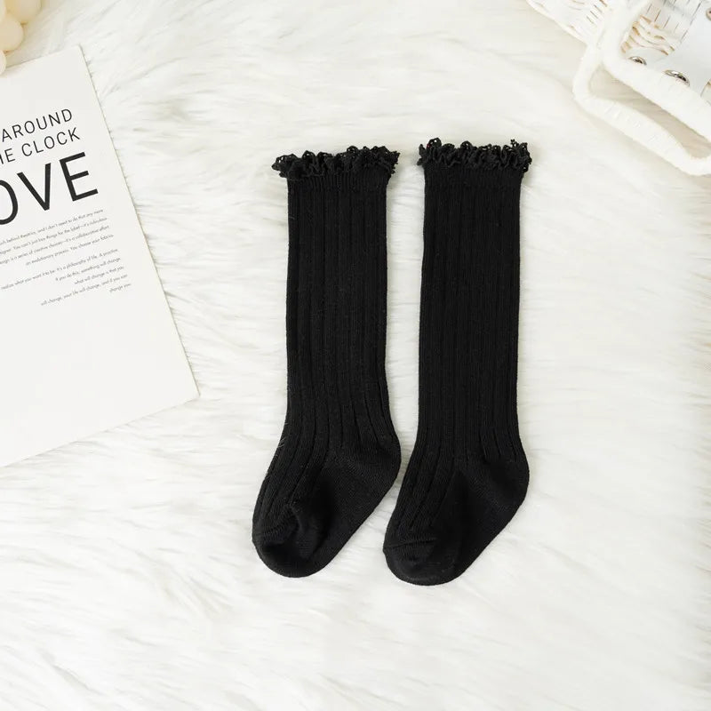 Ruffle Kids Knee High Socks Baby Girls Toddlers Long Soft Cotton Sock Lace Flower Children Princess Uniform Socks For 0-8Years