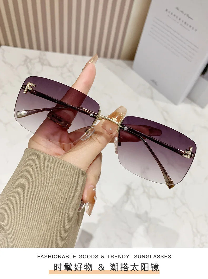 Ruiao rimless sunglasses UV400 fashion square metal glasses for women luxury brand designer diamond y2k small face sun glasses
