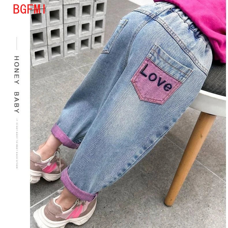 Girls Ripped Jeans Spring Autumn New Children Aging Denim Pants Fashion 2-10Y Kid's Straight Pants Cute Letter Trouser