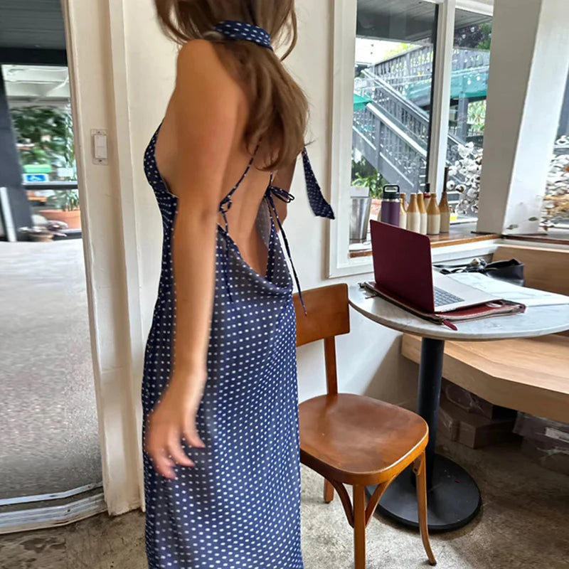 Women Polka Dot Summer Dress with Scarf Coquette Y2k V Neck Tie Back Spaghetti Strap Maxi Dresses 2025 Slim Fit A Line Beachwear