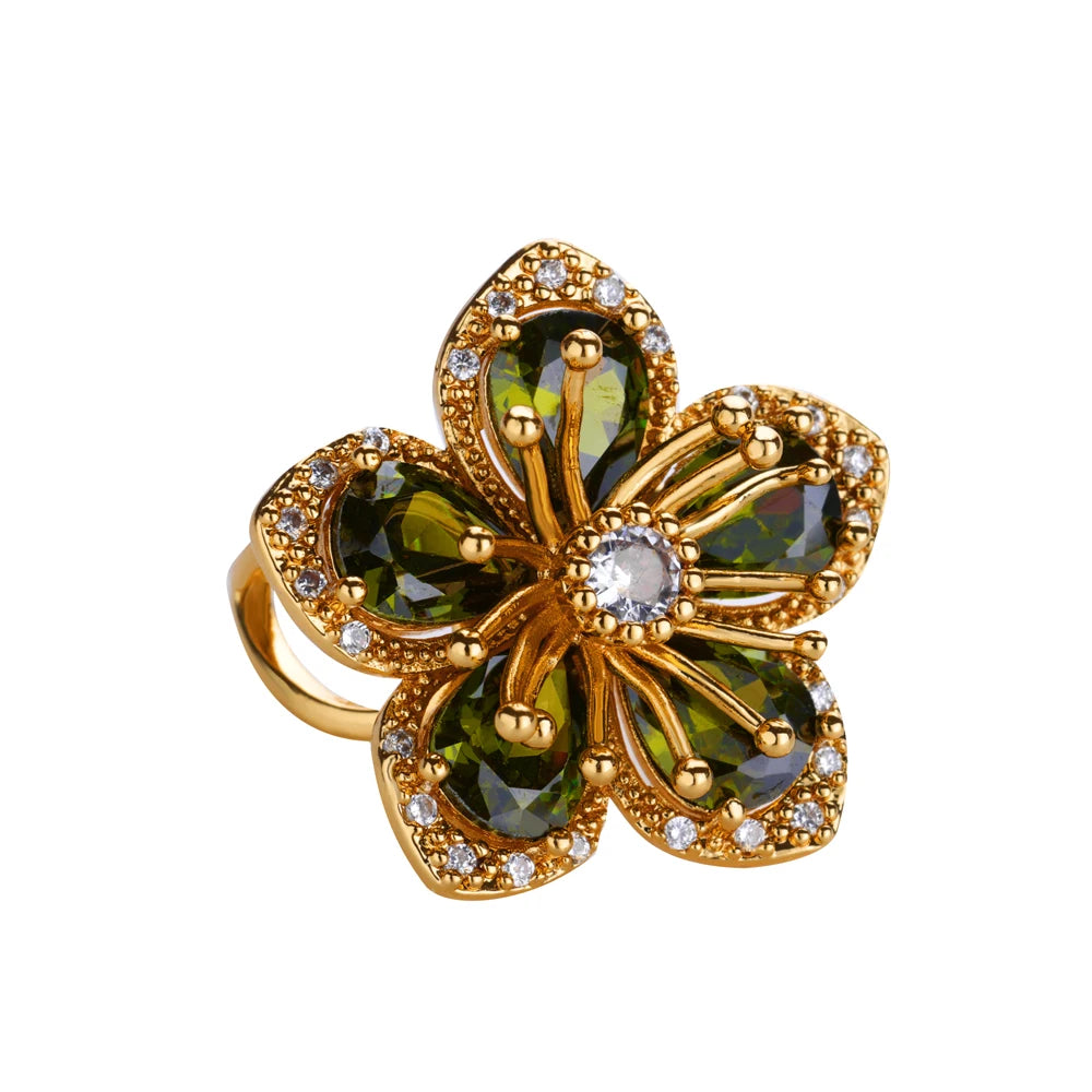 Colorful Zircon Flower Rings For Women Gold Color Stainless Steel Floral Ring Elegant Luxury Wedding Aesthetic Jewelry Gift