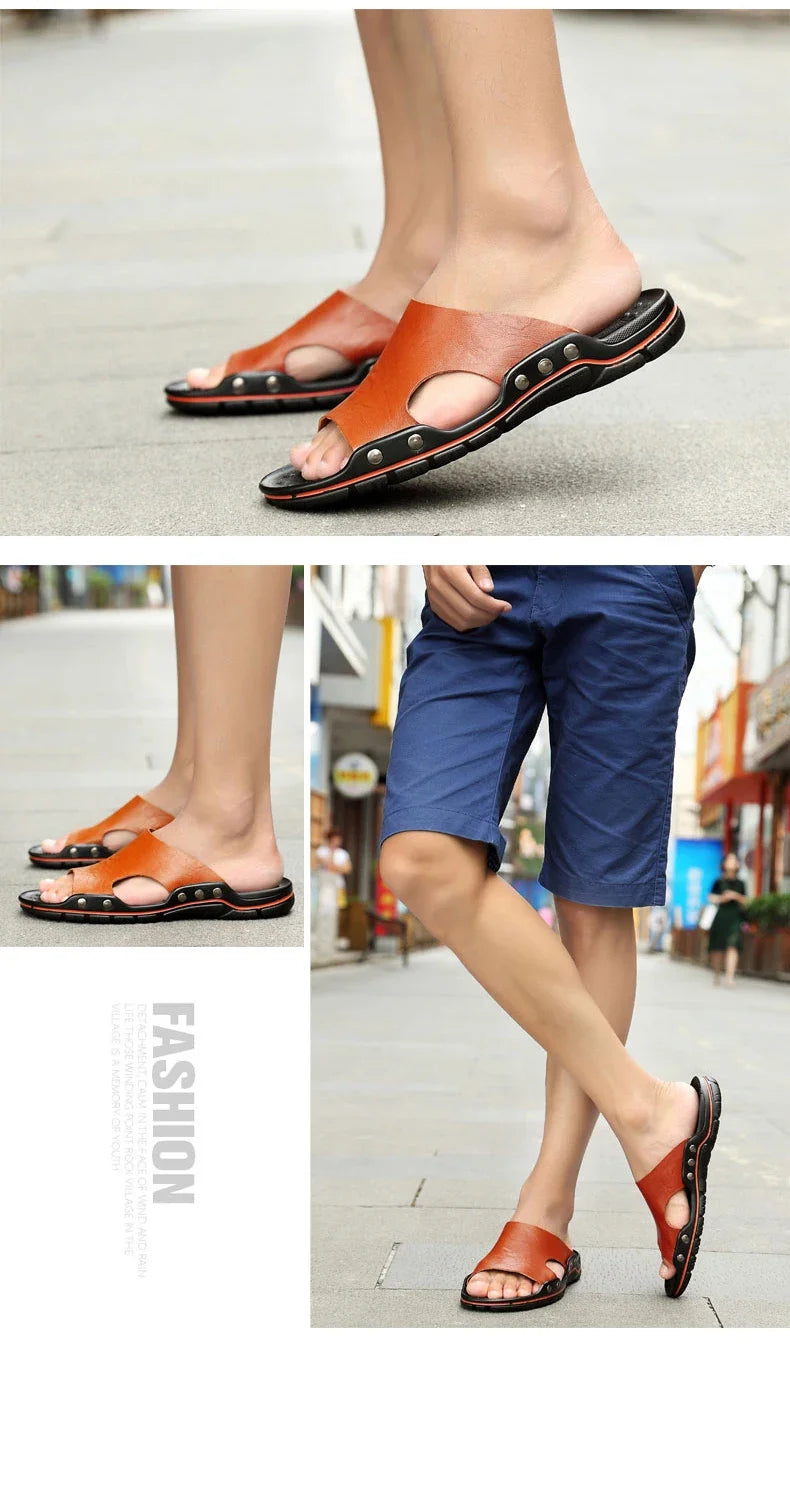 New Summer Slippers Men Sandals Soft Outdoor Slides High Quality Genuine Leather Comfortable Beach Sandals Outdoor Men Shoes