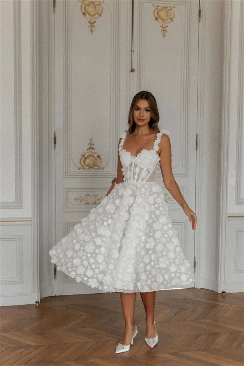 Amanda Lace Spaghetti Strap A-Line robes de soirée V Neck Knee-Length Evening Dresses Applique Valentines Day Wedding Dress