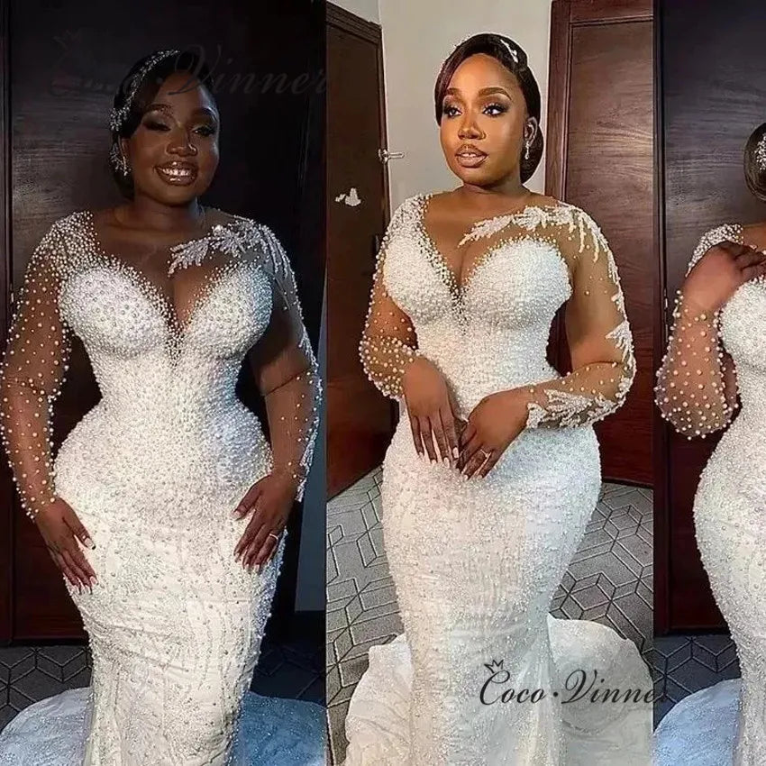 Customized Pearls Beading 2 IN 1 Wedding Dress Detachable Train Lace Up Plus Size Luxury Mermaid Wedding Dresses W1040