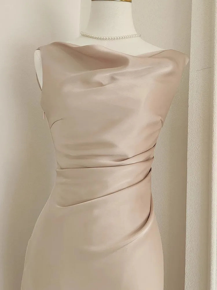 French Summer Autumn Fashion Acetate Satin Evening Dress Women Sexy Slash Neck Pencil Mermaid Long Prom Dresses Lady Gown