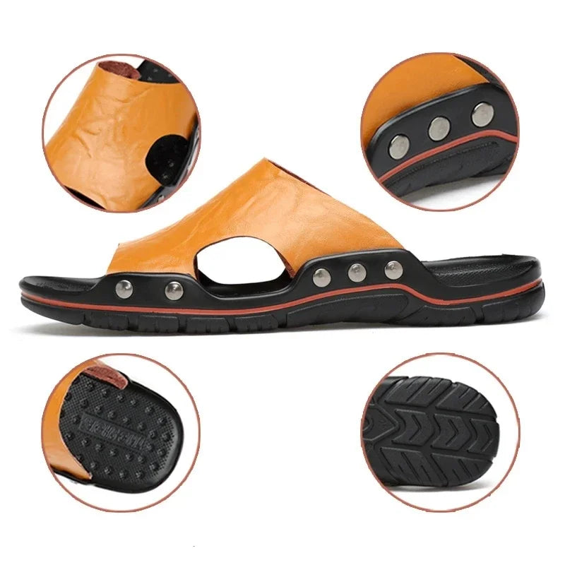 New Summer Slippers Men Sandals Soft Outdoor Slides High Quality Genuine Leather Comfortable Beach Sandals Outdoor Men Shoes