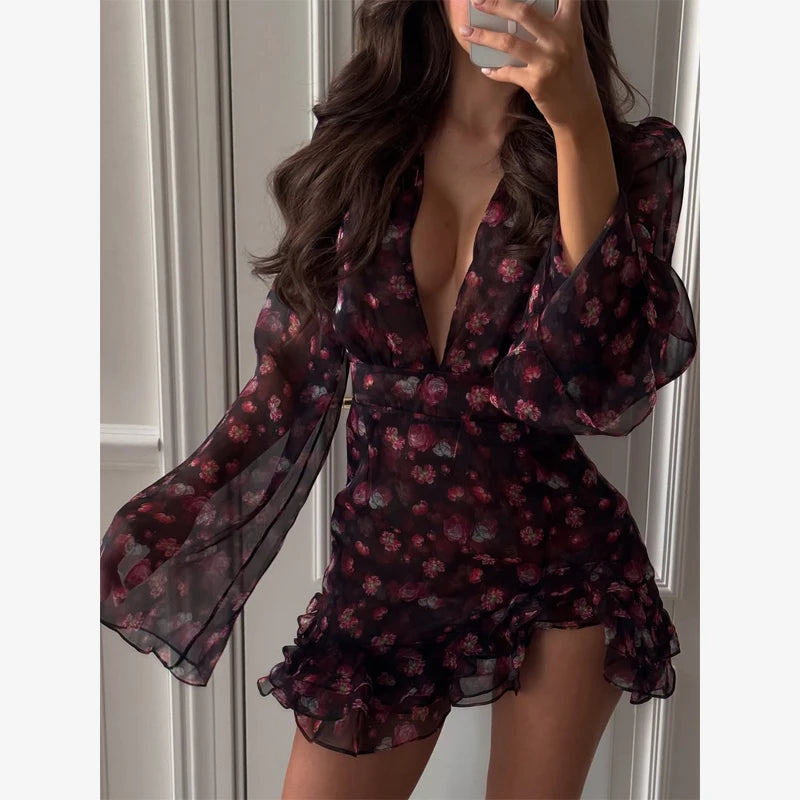 Sexy Flora Painted Ruffle Slim Dress Women Elegant Full Sleeves A-line Short Dresses 2026 Lady Summer Party Holiday Robes