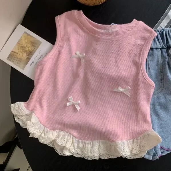 Girls Sleeveless T-shirt Fashion Comfortable Top Children Kids Clothing Bow Summer Vest Clothing