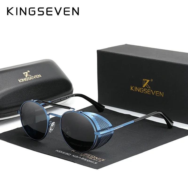 KINGSEVEN Brand Classic Gothic Steampunk Sunglasses Polarized Men  Vintage Round Metal Frame Sun Glasses Eyewear