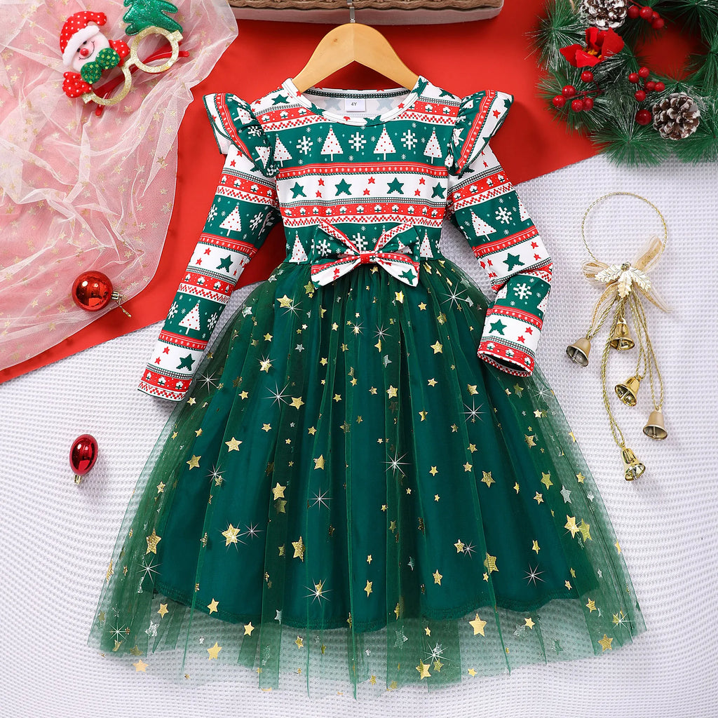 4-7Y Kids Christmas Dresses For Girls Bow Green Xmas Tree Hoodies Dress For New Year Kids Girl Evening Dress Festival Clothing