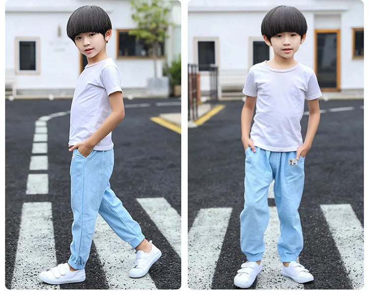 Children Trousers For Boys Girls Cotton Linen Elastic Waist Solid Color Summer Mosquito Pants Kids Clothing Long Pants 100-160cm