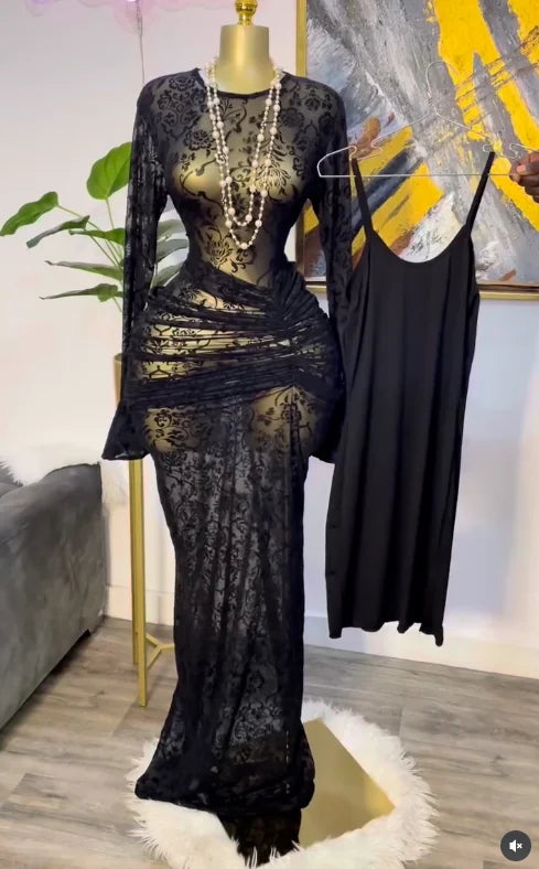 CM.YAYA Women Flare Long Sleeve Stacked Dot Mesh See Though with Lining Maxi Long Dress 2025 Evening Birthday Sexy Party Dresses