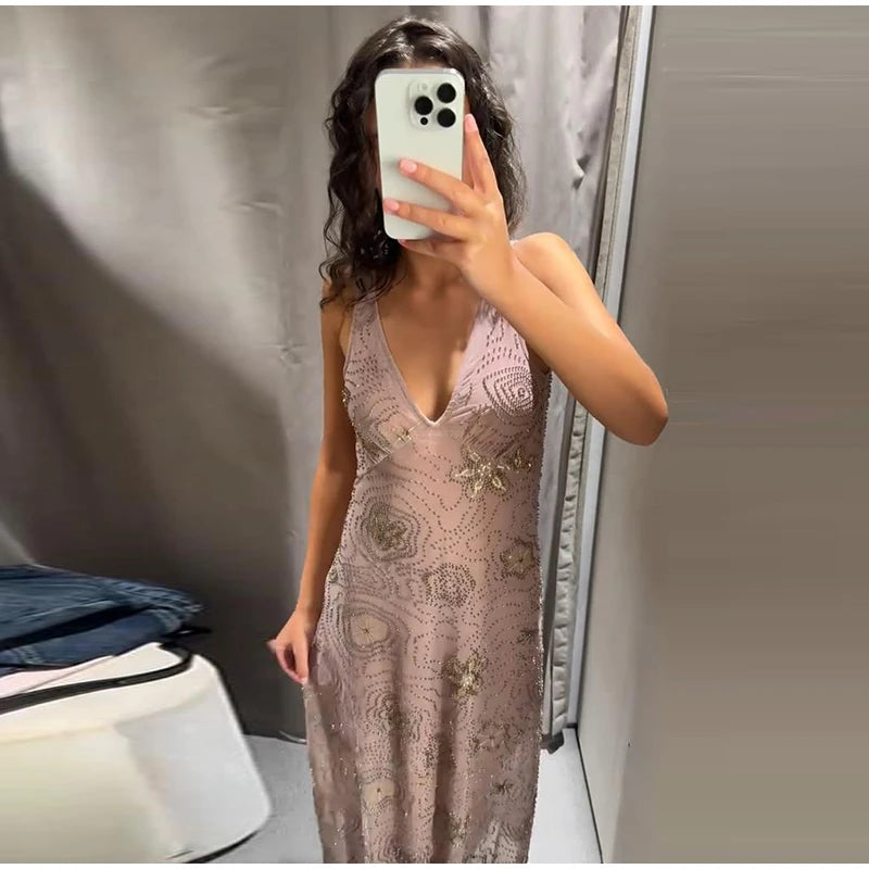 Sexy Beading Sequined Sling Long Dress Women Loose Solid V-neck Sleeveless Ruffled Shiny Dresses 2025 Summer Lady Evening Robes