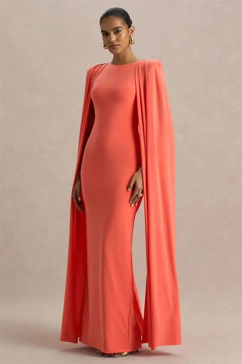 Blifanbo Sexy Cape Sleeve Maxi Dress Women Gown Fashion O Neck High Waist Split Zipper Club Party Long Dresses Female Elegant