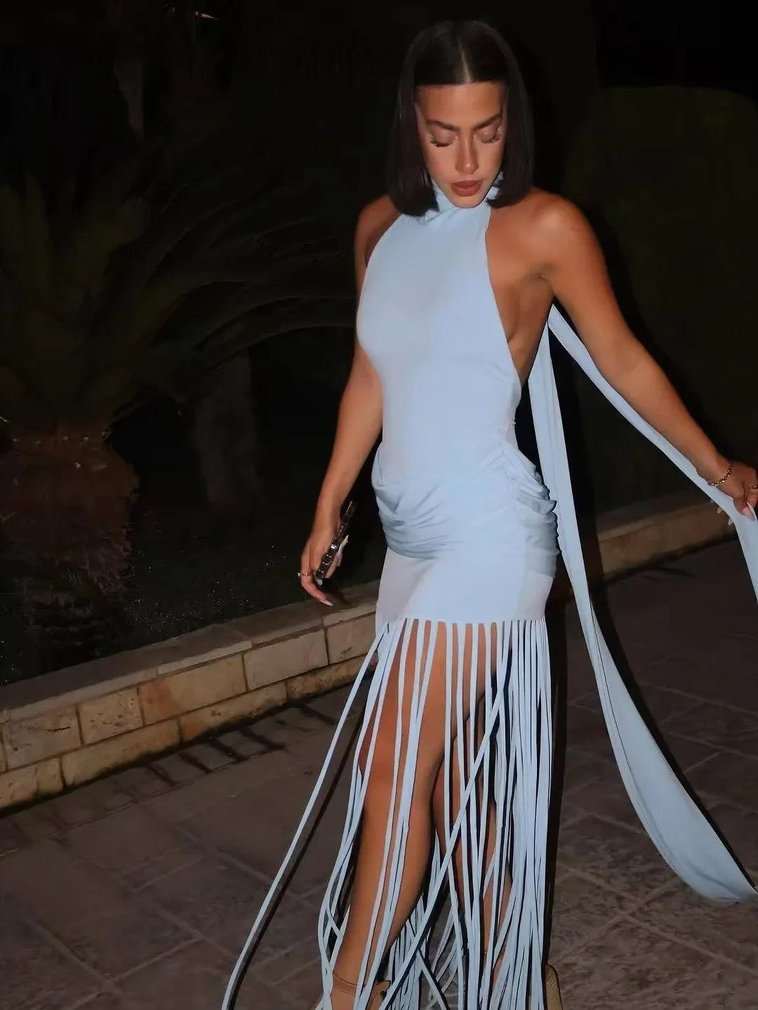Women Elegant Tassel Halter Long Dress Off-shoulder Backless Waist Cinching Slim Dresses 2026 New Spring Evening Party Vestidos
