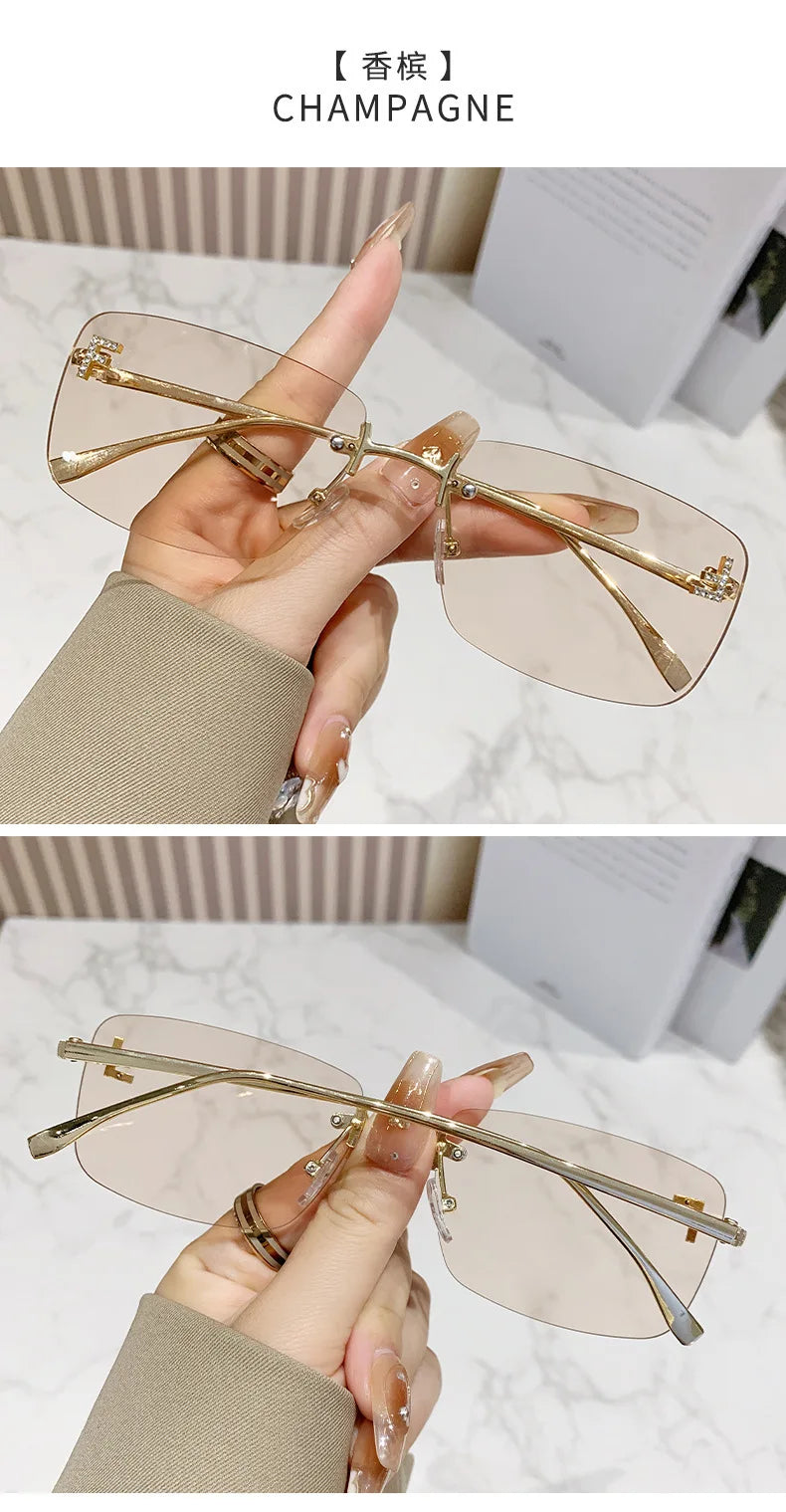 Ruiao rimless sunglasses UV400 fashion square metal glasses for women luxury brand designer diamond y2k small face sun glasses