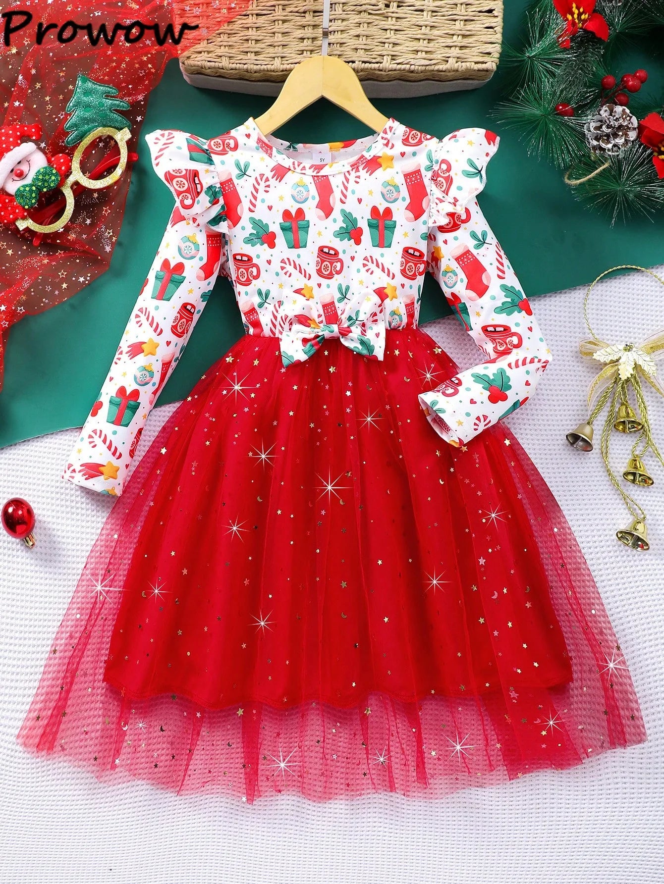 4-7Y Kids Christmas Dresses For Girls Bow Green Xmas Tree Hoodies Dress For New Year Kids Girl Evening Dress Festival Clothing