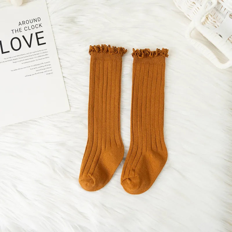 Ruffle Kids Knee High Socks Baby Girls Toddlers Long Soft Cotton Sock Lace Flower Children Princess Uniform Socks For 0-8Years
