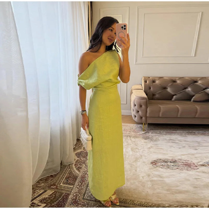 Elegant Off Shoulder Pleated Long Dress Slim Slash Neck Sleeveless Female Party Dresses 2026 Summer Autumn Lady Chic Solid Robes