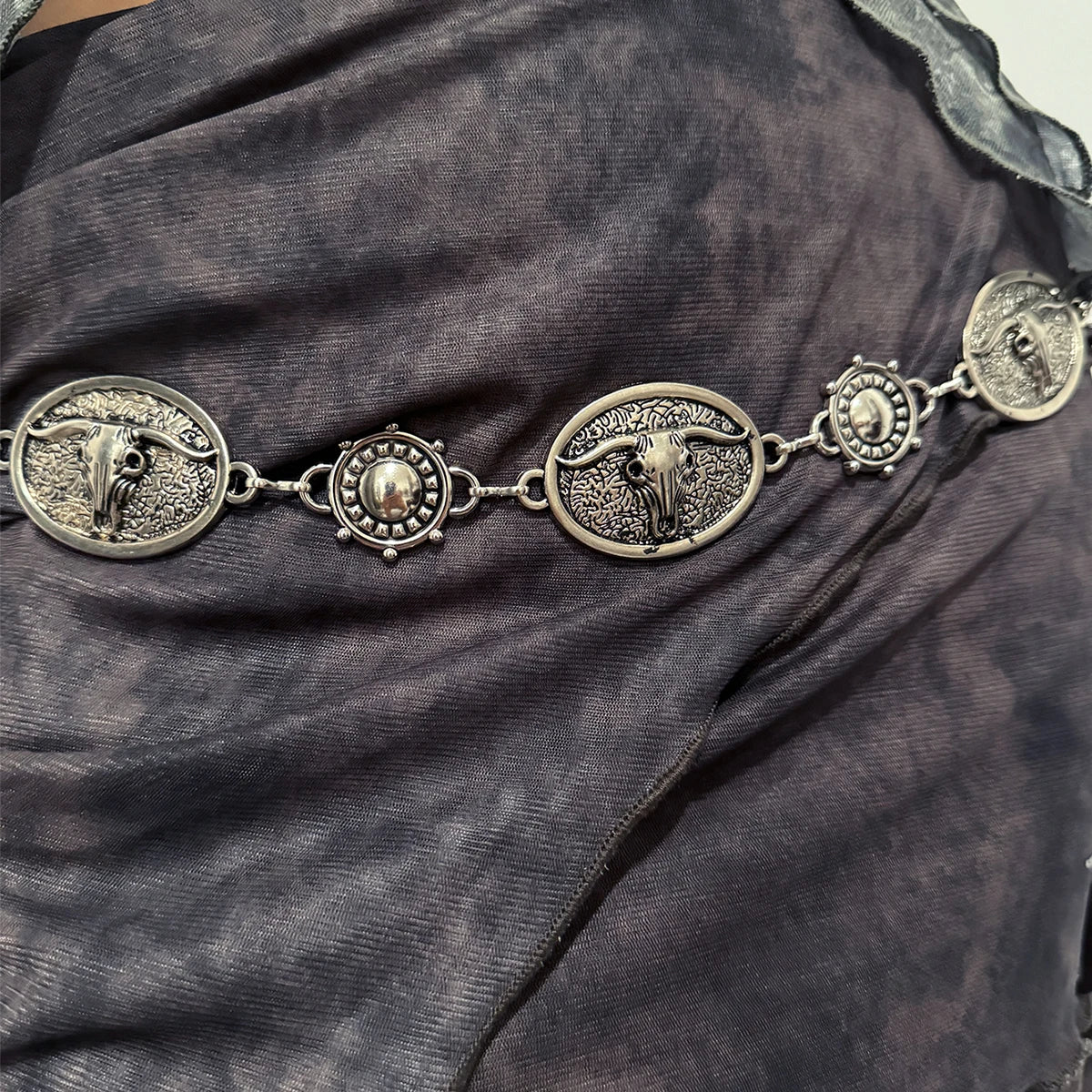 Vintage Silver Chain Belt Sun Bull Coins Female Waist Y2K Dress Waistband Designer Belts For Women High Quality Punk Corset